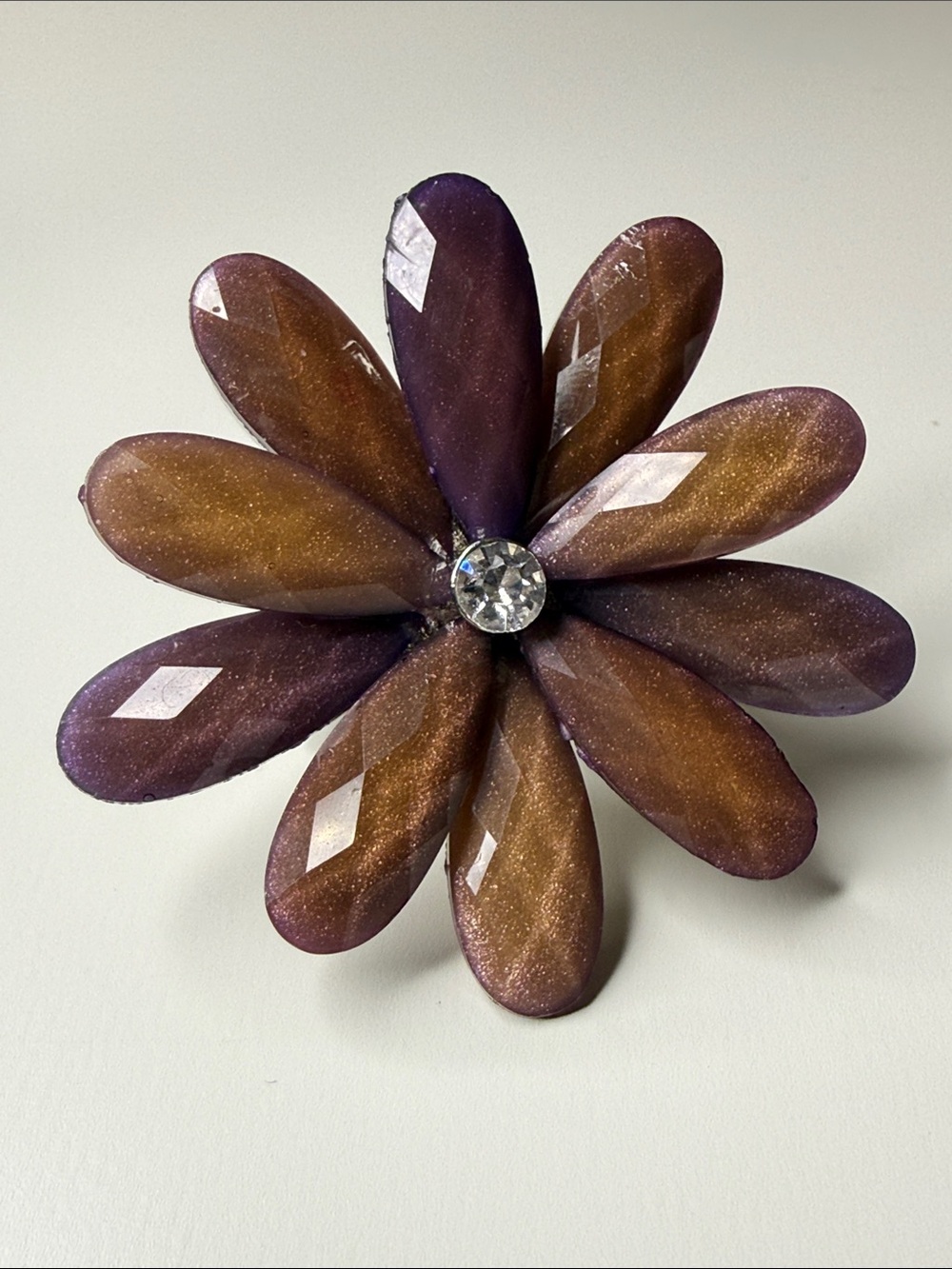 Purple and Brown Floral faceted acrylic stretch ring adjustable